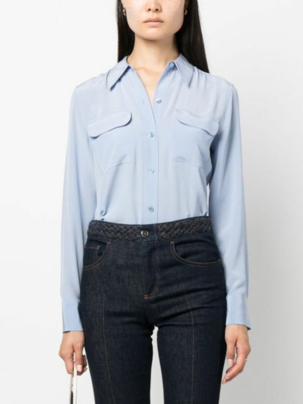 EQUIPMENT Slim Signature Baby Blue 100% Silk Crepe Button Up Shirt, Size S